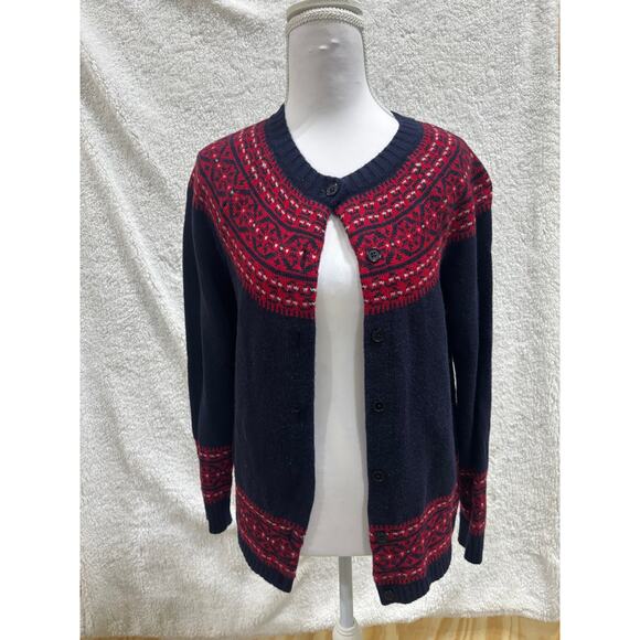 Talbots Petites Wool Fair Isle Cardigan Sweater Navy Red MP Nordic Winter Knit - Picture 2 of 9